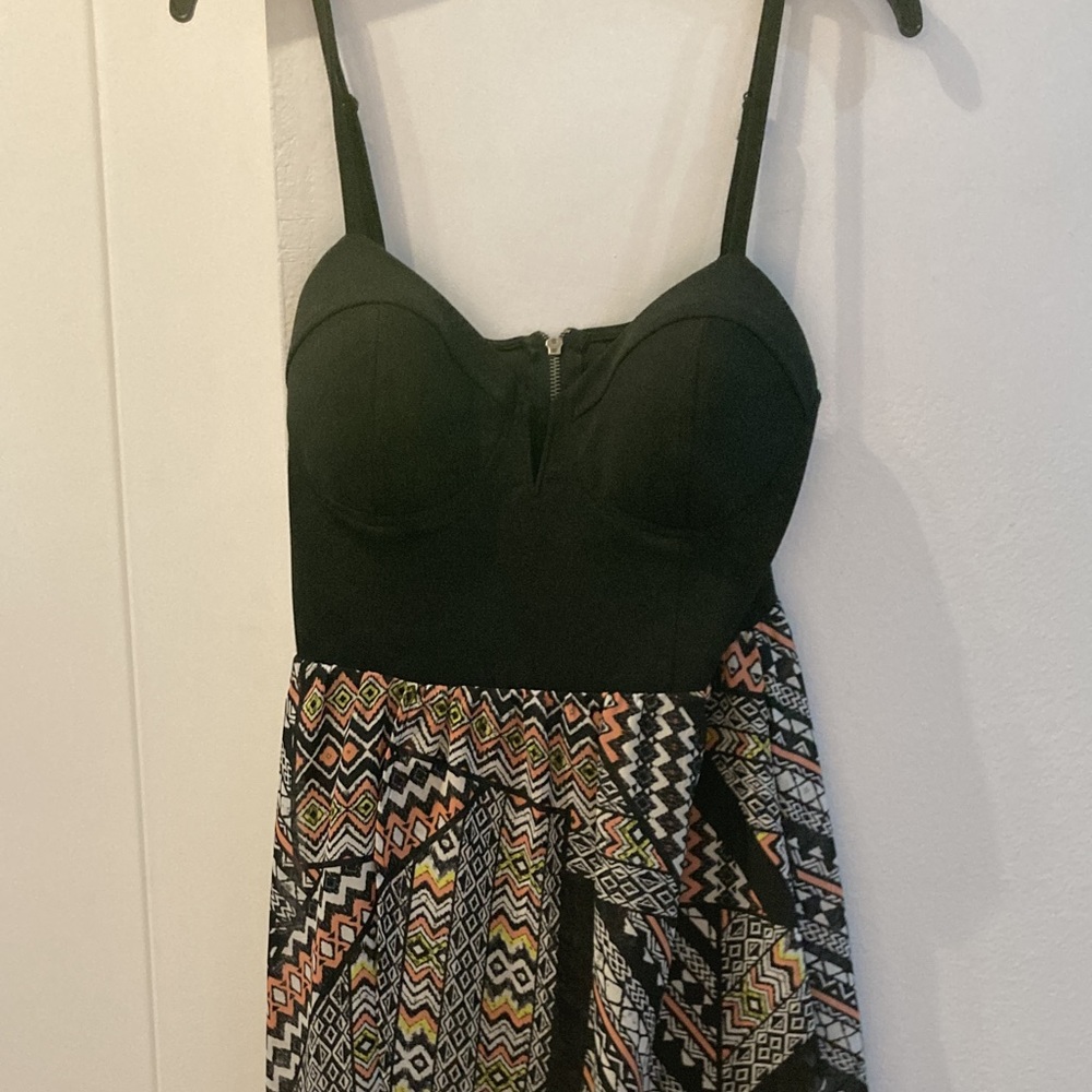 Fit & flare Material Girl dress with high/low graphic skirt and bustier top